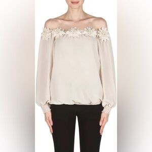 Joseph Ribkoff off shoulder floral champagne blouse size 14 shirt